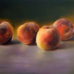 Against glowing yellow background, four ripe orange peaches cast shadows on the purple surface they rest on.
