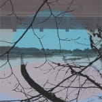 Multiple silkscreen layers of muli-colored paint form a constructed landscape of a heavily pixelated river bank that is framed by a vertical industrial structure. In the foreground are several black silhouettes of partially submerged trees and thin hanging branches that obscure the view of the river
