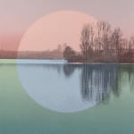 Multiple silkscreen layers of gray pink blue and green form a constructed landscape of a blurry and highly pixelated river bank. In the center of the piece a large pink and blue translucent circle covers and draws attention to the several dark silhouettes of trees