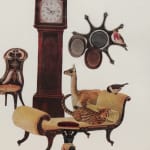 Detail of the original upper left upside down portion of TWO WAY COLLAGE which displays an old grandfather clock an antique yellow lounge chair and several animals