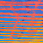 Detail; multicolored neon horizontal lines with highlights create the illusion of wavy vertical lines.