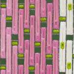 Detail; vertical light pink, dark pink, and white bars with dark green, light green, and gold spots underneath.