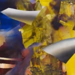 Abstract scene with cobalt blue background in the top left, brown in the bottom left and yellow on the right. Layered on top of the background are textured dark yellow brushstrokes, two gray chrome shapes and two horizontal strips of orange chrome.
