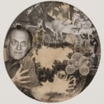 Greyscale and sepia tone tondo paper collage on beige background. Features a man, bubbles, and various animals.