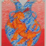 In background, two red mountains spew red liquid and smoke above a sea of red and white wavy lines. Mountains frame vessel in foreground filled with blue birds flying diagonally down and red and orange beast. White scalloped triangle points into top of vessel.