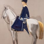 Young faceless man in blue ornate uniform sits on white horse facing the left.