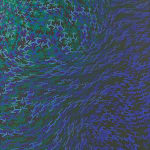 Dark painting with multi-hued green and blue asterisk shaped forms morphing and moving in waves against each other