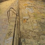 Drained and deserted pool is covered with graffiti and small pile of debris. Scene is painted in golden sepia tones.