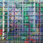 Colorful abstract landscape alludes to garden space with several high rise buildings in the background A grid of alternating thin and thick horizontal and vertical lines form the illusion of foreground scaffolding