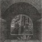 Photocopy of a black and white collage made from nineteenth century engravings The collage depicts a distant person climbing a ladder in a forest framed by a large arching window and subsequent room
