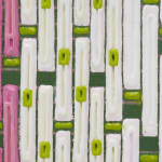 Detail; vertical dark pink and white bars with dark green, light green, and gold spots underneath.