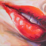 Bright red lips slightly parted to reveal neat white teeth. Lips are painted at a diagonal across the canvas.