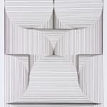 Horizontal and vertical straight black ink lines form a curving mirrored geometric pattern which creates several different circles bells rectangles and other shapes. Throughout the piece lines get closer to create optical illusions of depth and recession into space