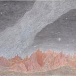 Horizontal rectangular drawing of a red rock mountainous landscape and starry sky with a milky white band stretching diagonally.