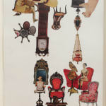 Paper collage of various furniture animal and human cut outs from early nineteen sixties The furniture and other figures are each arranged in specific ways to create different scenes however the top portion of the collage is upside down while the bottom is right side up