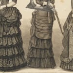 Detail view of black and white etching of three women in victorian era skirts