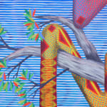 Detail; the serpent's body bends angularly over a tree branch, which sprouts bright green, yellow, and red leaves. Blue and white horizontal lines create a background and illusory vertical, wavy lines.