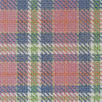 Heavily layered and textured paint on canvas creates a multicolored but dominantly pink blue white and green plaid pattern