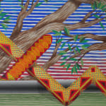 Detail; the snake's angular body, decorated with triangles and dots, bends around the branches.