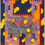 Dark night sky with white dots for stars and yellow floating clouds. Castle in the foreground has a pattern of gray and red overlapping curved lines along with blue birds, yellow clouds, and a gray being that is part-horse, part-ship.