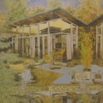 Mid Century modern mostly glass house with patio create elongated reflections in the pool. Glowing yellow skeleton-like trees and dark blue sky give an eerie feel to scene.