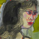 Detail of face with back long hair and pink lips and pupils.