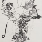Black ink on white paper illustrates an erecting penis spouting various abstract images above it The images vary from seaside landscapes to cloud forms and other organic figures while at the bottom center of the piece the word Aloha is written in large cursive