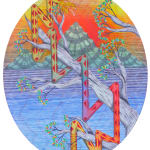 An elliptical painting of a multicolored snake contorting angularly around a white tree sprouting bright leaves. Blue and white horizontal lines separate the tree from mountains in the distance, behind which the sun sets.