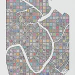 A multicolored grid representing the Venice, Italy with white space to represent the waterways.