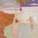 Crayon drawing of three nude people playing in a natural pool with rust-colored earth on right, red-trunked palm tree in background splits cloudy sky in light blue (left) and purple (right)