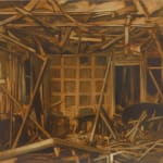 destroyed room with wooden debris scattered about