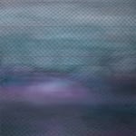 Foggy abstract dawn landscape painting in dark blues and purples The landscape is seen through a black diamond wire fence that has a large hole near the bottom left of the painting