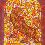 Stained-glass style background in yellow, orange and red with red and yellow striped beast posed in foreground.