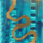 A thick, gold, dripping brushstroke atop a luminous emerald blue background.