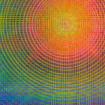 Grid lines are interwoven with concentric circles, creating an intricate multicolored pattern.