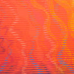 Detail; radiating dark red squiggly lines and thick yellow and orange vertical wavy lines on neon orange background overlaid with thin horizontal lines, accented to created the illusion of thin, vertical, wavy lines.