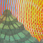 Detail; a grey-green striped mountain in front of radiating neon circles with a quilt-like texture.