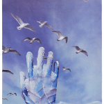 Paper collage of various cut outs from nineteen eighties magazines create a surreal scene of a giant blue and purple crystal hand rising up from the bottom left of the piece to touch several white birds flying in a blue sky