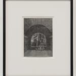 Framed black and white collage of etchings depicting small room with barrel vaulted window with person climbing ladder.