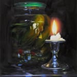 Still life of lit candle to the right of jar of preserved pickles with green lid.