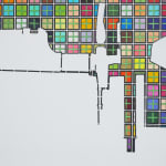 Detail; a multicolored grid forms a peninsula into white space.