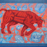 A red bull prepares to charge through falling blue and white china, some of which has already shattered. Set on a horizontal striped red-orange background within an illusory blue frame.