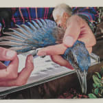 Collage of someone holding a blue bird by the neck, with the head of a smiling man attached to the person's left hand.