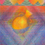 A wide-bellied, handled vase tilts right and floats in a sea of neon, overlapping, radiating diamonds. A range of grey-green striped mountains looms in the distance, with a sunset of overlapping, radiating circles behind it.