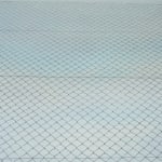 Painting of blurry light blue sky with white clouds seen through a black diamond wire fence