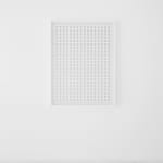 16x22 grid of silver rectangles on a white background in a white frame hanging on a white wall.