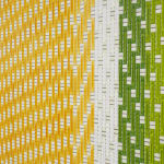 Detail; side view of a yellow, white, green and grey abstract painting mimicking fabric.