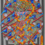 Gray brick background with blue birds flying through open windows. Red beast is entangled with red and yellow geometric snake. Red poles diagonally cross scene, which is also filled with small purple scalloped clouds and orange eyes.