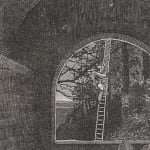 Detail view of etchings depicting small room with barrel vaulted window with person climbing ladder.