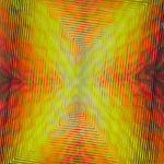 Yellow X shape surrounded by red and orange background and layered with multi-colored rectangle shapes emanating from center of canvas.